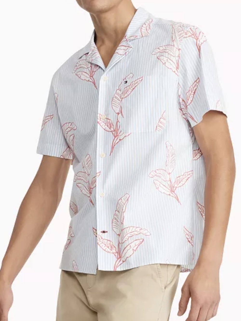 Tommy Hilfiger White & Coral Leaf Print Coastal Button-Down Tropical Shirt Sz XL